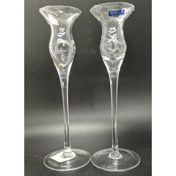 WATERFORD Crystal Candlestick Holder Set of 2 MARQUIS Yours Truly Etched 9" - Picture 1 of 4